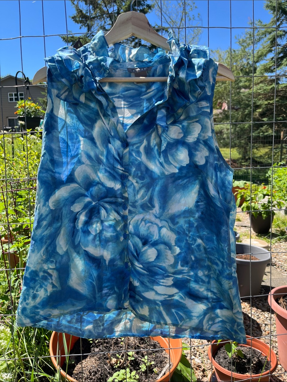 Kenar 100 silk Blue Floral Sleeveless Ruffled Neck Women's Top